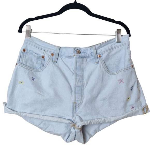 Levi's 501 Floral Embroidered High Rise Button Fly Light Blue Shorts 33 Festival - Picture 1 of 13
